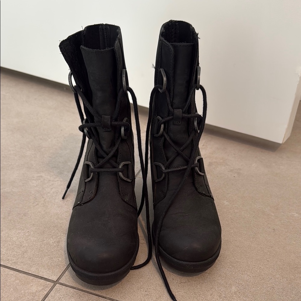 Sorel Black Lace-Up Wedge Ankle Boots - Picture 2 of 3